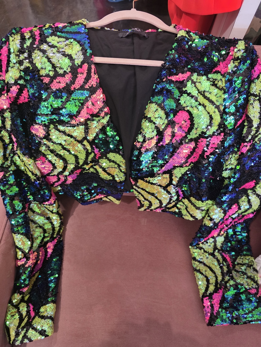 AKIRA Multicolor Sequin Cropped Blazer - Neon Pink, Green, Blue on Black